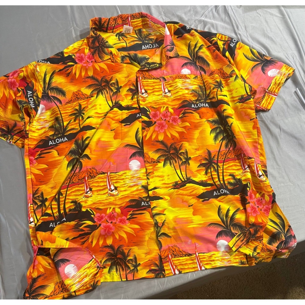 Happy Bay Mens 4XL Hawaiian Shirt Sunset Palm Tree Aloha Tropical Terivoile 0178